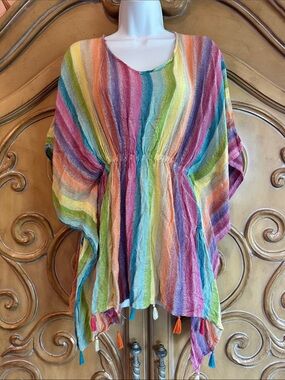 Multicolor Striped Boho Swim coverup with Tassel Hem